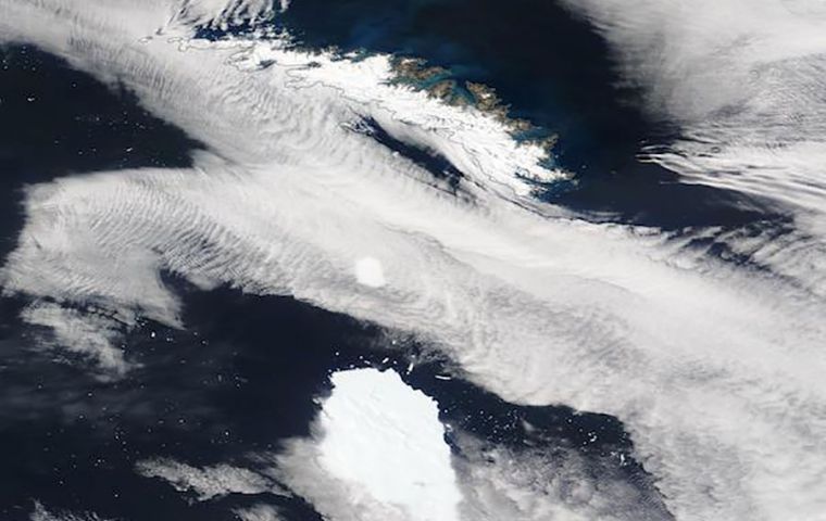 Satellite images shows A68a heading towards the sub-Antarctic island of South Georgia. Credit: MODIS from NASA Worldview Snapshots