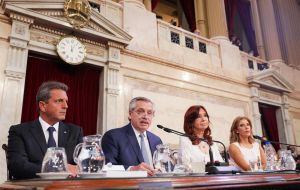 Alberto Fernandez addressing congress next to Cristina Kirchner, who presides over General Assembly debates and Sergio Massa president of the Lower House