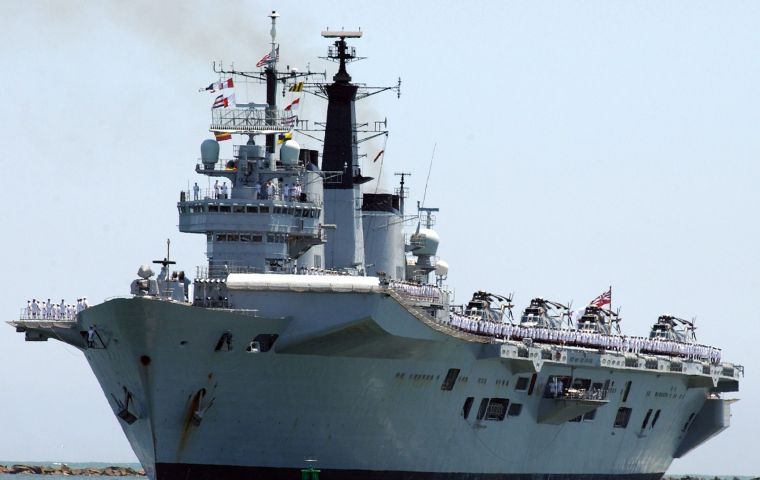 The flagship of the Task Force sent to recover and liberate the Falklands, HMS Invincible during her victorious return