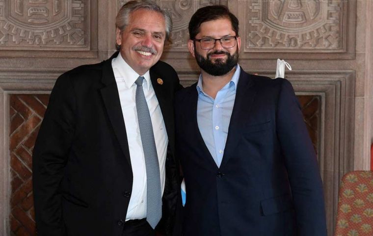 President Gabriel Boric with his neighbor friend, Alberto Fernandez (L) during his recent visit to Argentina 