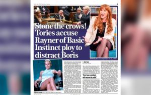 The Mail on Sunday ran the headline “Stone the crows! Tories accuse Rayner of Basic Instinct ploy to distract Boris”
