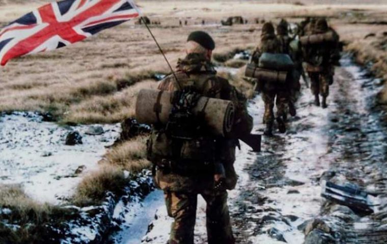 The Yomper' taken by Corporal Robinson, 40 Commando, while yomping to Port Stanley during the Falklands War in 1982 (Picture: Pete Holdgate).