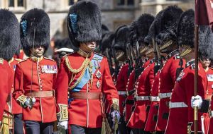 Members of the 1st Battalion Irish Guards rehearse ahead of June's special jubilee-themed Trooping the Color at Horse Guards.