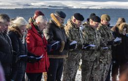 (L/R) MLA Ian Hansen, Minister Amanda Milling, Sir Hoyl (red jacket), Falklands governor Nigel Phillips and military officers at Goose Green service  (Pic Twitter)