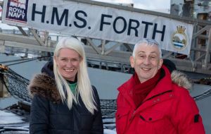 Speaker of the House of Commons, Sir Lindsay Hoyle and Minister for Overseas Territories, Amanda Milling next to HMS Forth boarding ramp.(Pic BFSAI)