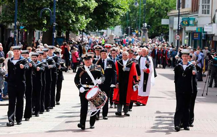 The band of the Royal Marines, a contingent from HMS Sultan, naval cadets, and hundreds of Falklands' veterans all formed and marching in Gosport 