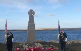 Wreaths were laid on behalf of the people of the Falkland at Fitzroy memorial, 40 years to the day since RFA supply ships were bombed in the waters off Fitzroy