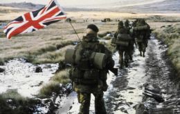 The yomp has been immortalized by the iconic picture of the commando flying the Union Jack as they started the 56 mile march to the mounts surrounding Stanley 