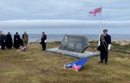 Veterans at the commemoration service in the Falkland Islands for HMS Glamorgan (Picture: BFBS).