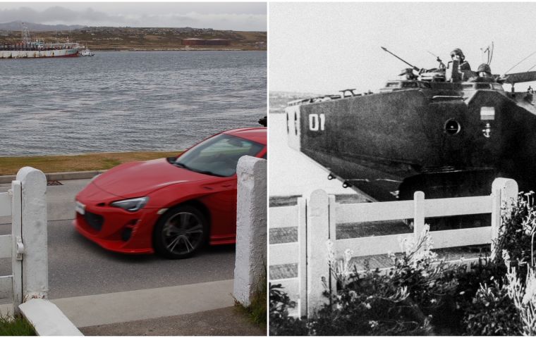 A sporty red car travels along Ross Road in 2022. In 1982, Argentine armoured vehicles rumbled along the same street. Photo: Graham Bound.