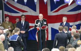 Governor Nigel Philips CBE reads the Proclamation, next to minister for Defense Procurement, Jeremy Quin (Left) and MLA Peter Biggs (right)