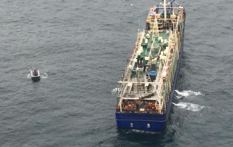 Uruguayan authorities found 11 tons of squid inside the vessel.