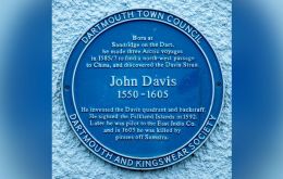 The Blue Plaque honoring Captain John Davis who made the first recorded sighting of the Falklands on 14th August 1592.