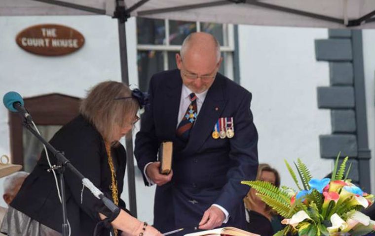 The former Governor of the Falkland Islands during his taking office ceremony at Jamestown 