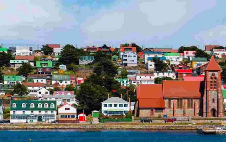 A view of modern dynamic Stanley with its colorful houses 