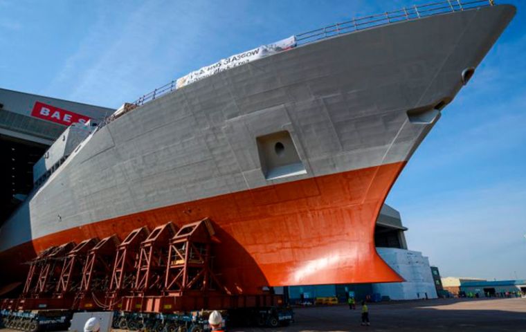 The forward section of HMS Glasgow emerging from the BAE Systems Clyde shipyard in 2021. Photo: BAE Systems