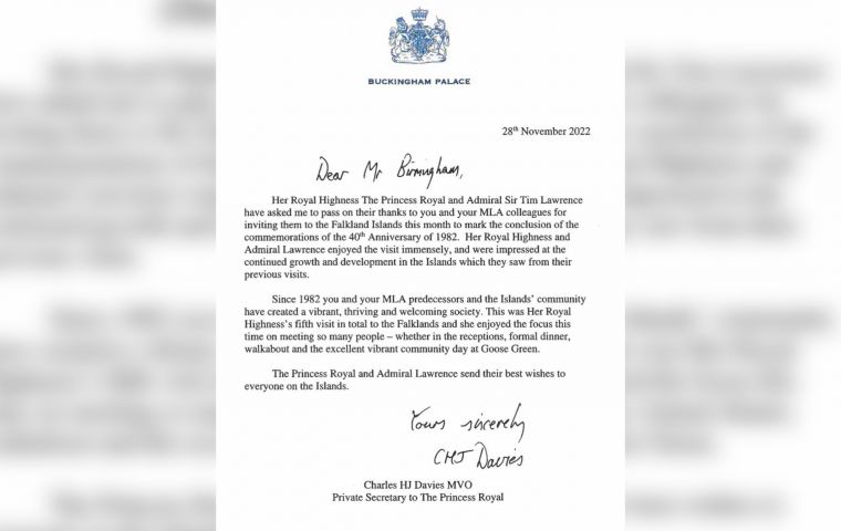The letter thanking the Falklands for the invitation to mark the commemorations of the 40th anniversary of 1982