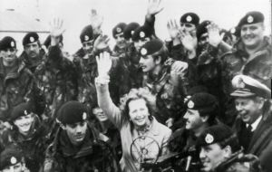 The Iron Lady surrounded by some of the British troops from the Task Force 