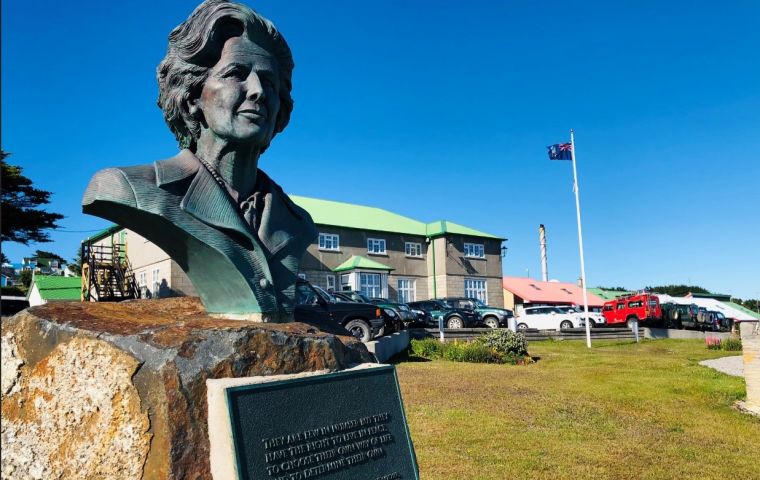 The Bronze bust of Mrs. Thatcher on Thatcher Drive in Stanley