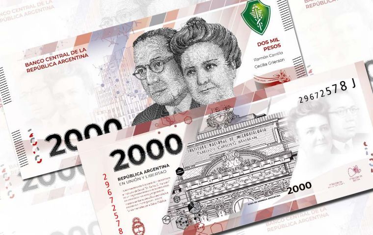 The new banknote features the images of Cecilia Grierson, the first female physician to graduate in 1889, and Ramón Carrillo, promoter of social medicine.