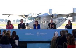 VP Cristina Fernández and Presidential hopeful Sergio Massa took center stage at the event marking the aircraft's arrival back to Aeroparque Jorge Newbery