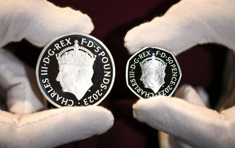 The front and back of the Falklands Coronation of HM King Charles III 50p coin, with the Coronation Emblem