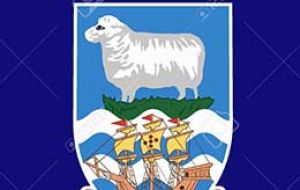 The Falkland Islands coat of arms with the motto “Desire the Right”
