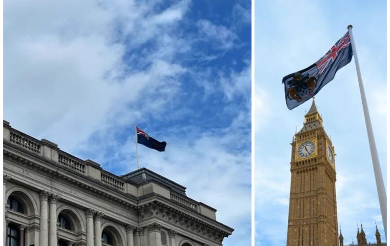 Falklands flag flying at New Palace Yard in the Parliament grounds