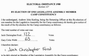 Official result signed by the Returning Office, of the by-election giving notice of the result of the by-election, with the 122 votes for Jack Ford 