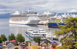 The port of Ushuaia with several cruise vessels during a busy season 