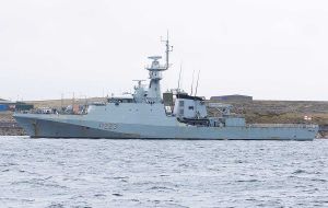 During her absence she was replaced by HMS Medway, P223, that has similar duties but in the Caribbean