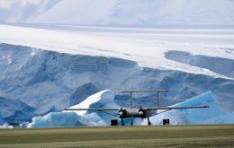 Windracers ULTRA UAV in front of ice cliffs at Rothera Research Station