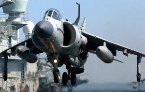 A Harrier of 800 NAS launches from HMS Hermes during the Falklands campaign. Courtesy Royal Navy